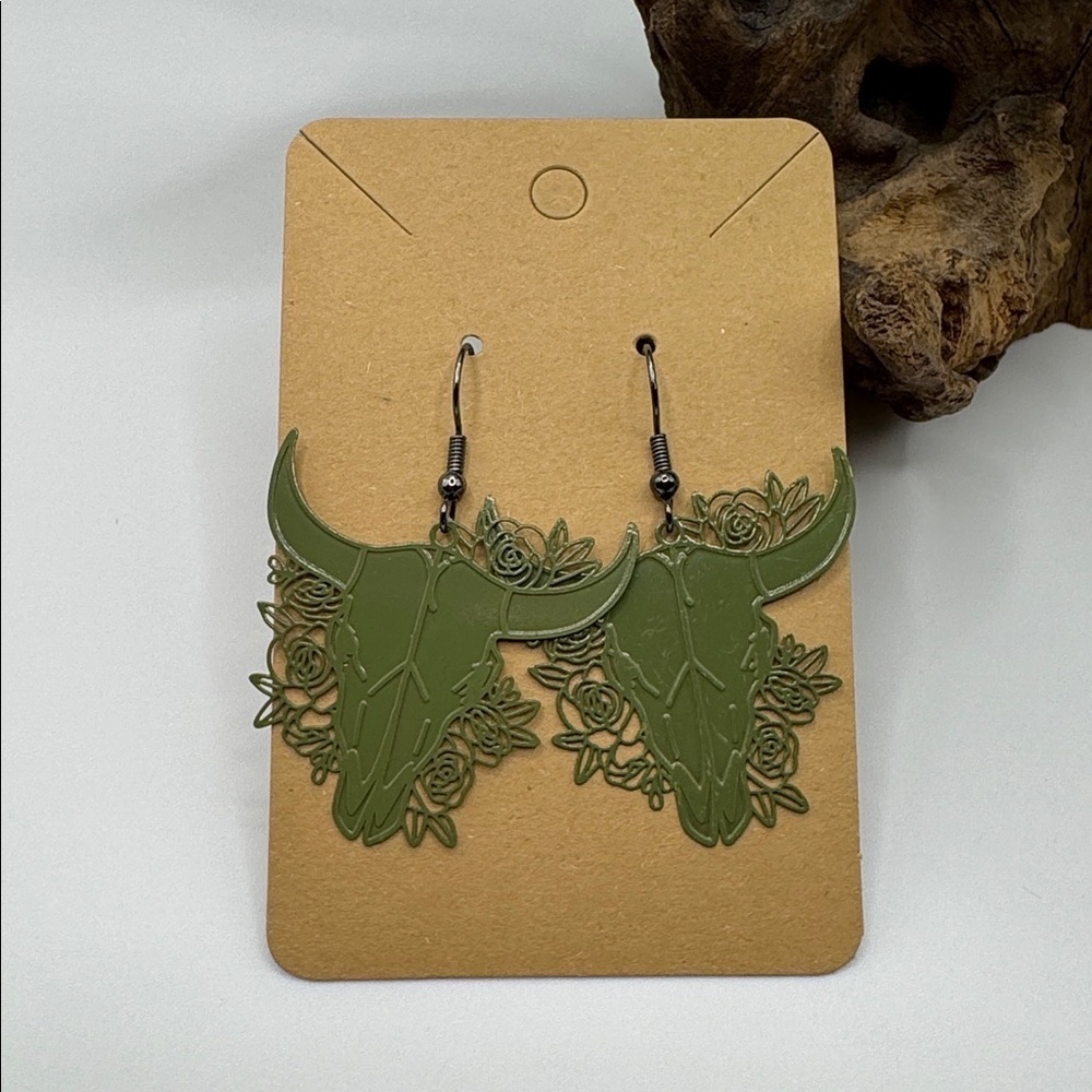 🦜 Boho Steer Earrings Green Metal Hook with Backs